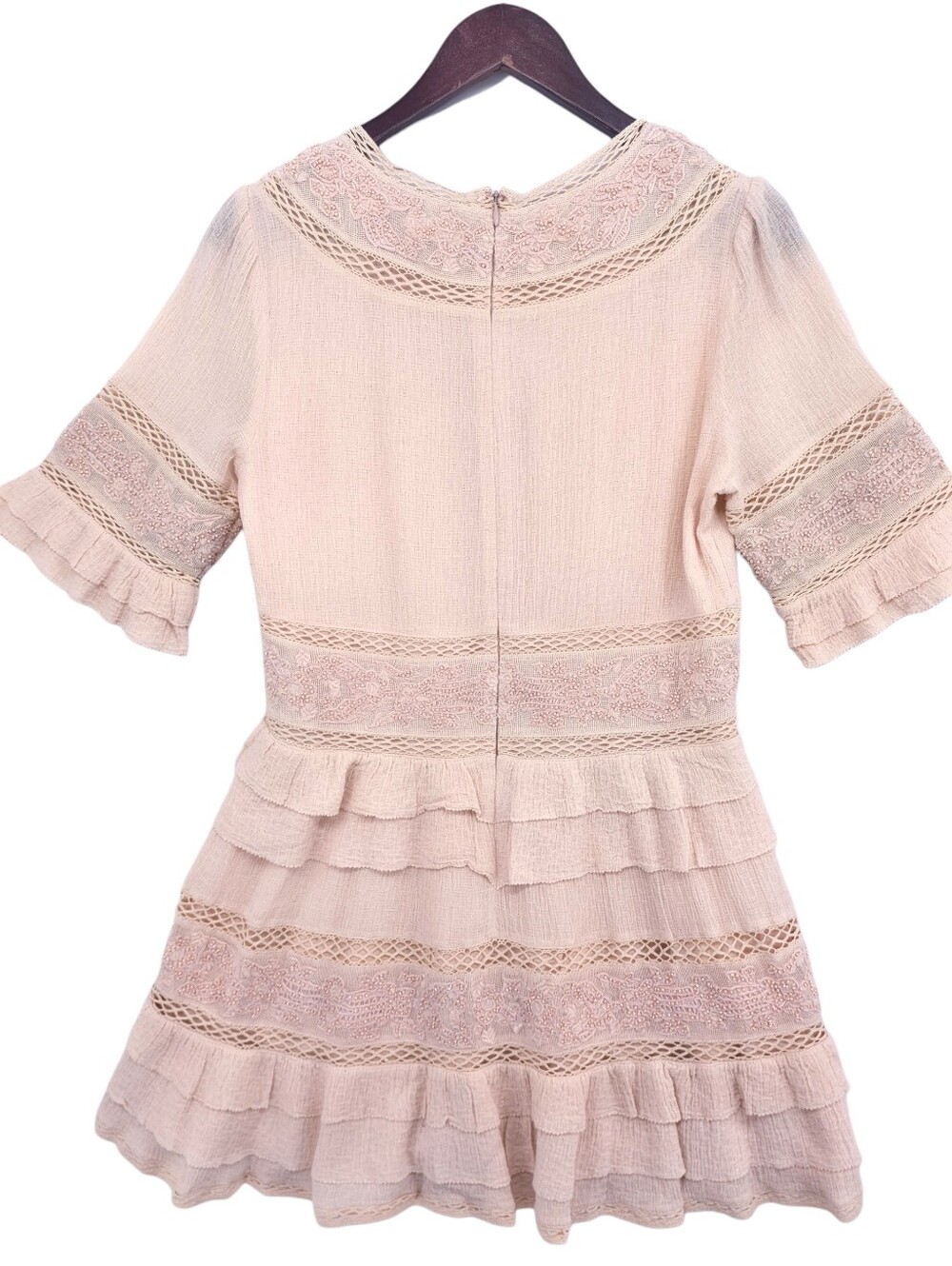 Love Sam Beaded Embroidered Boho Mini Dress Blush Lace Tiered Ruffle M - Picture 10 of 16